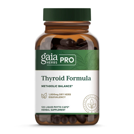 Gaia Herbs PRO Thyroid Formula bottle-front shows convenient capsules for daily metabolic support