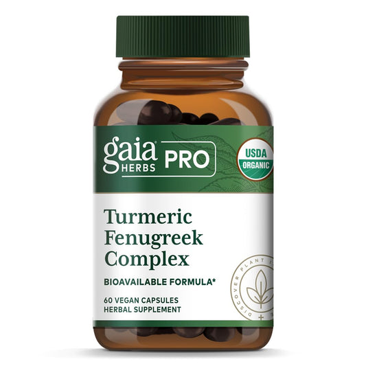 GAIA Herbs PRO Turmeric Fenugreek Complex bottle front for daily vegan capsules.