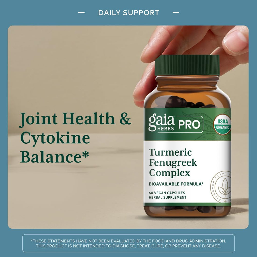 GAIA Herbs PRO Turmeric Fenugreek Complex capsules close-up in vegan formula.