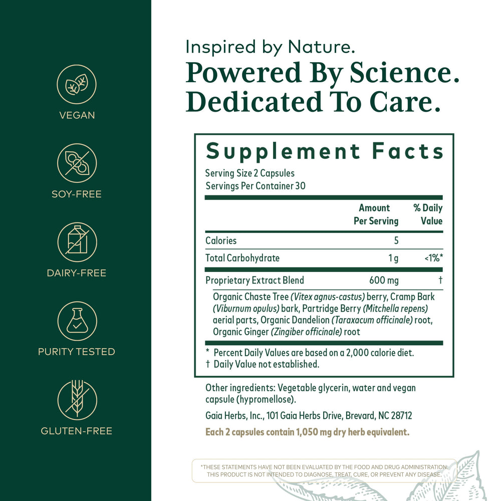 Closeup of Gaia Herbs PRO Vitex capsules highlighting premium herbal blend for women.