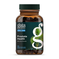 Gaia Herbs Prostate Health bottle label shows vegan liquid capsules for men.