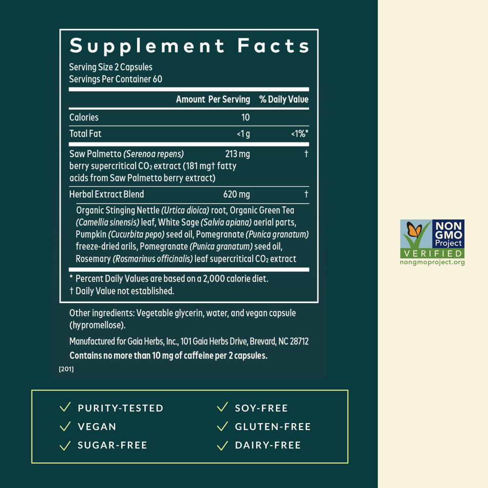 Gaia Herbs Prostate Health capsules close-up highlighting plant-based ingredients.