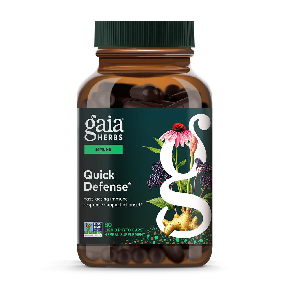 Gaia Herbs Quick Defense bottle front for easy daily immune support.