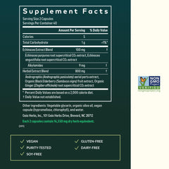 Gaia Herbs Quick Defense capsules closeup highlights vegan, plant-based immune support.