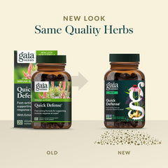 Gaia Herbs Quick Defense ingredients panel features echinacea, elderberry, ginger, andrographis.
