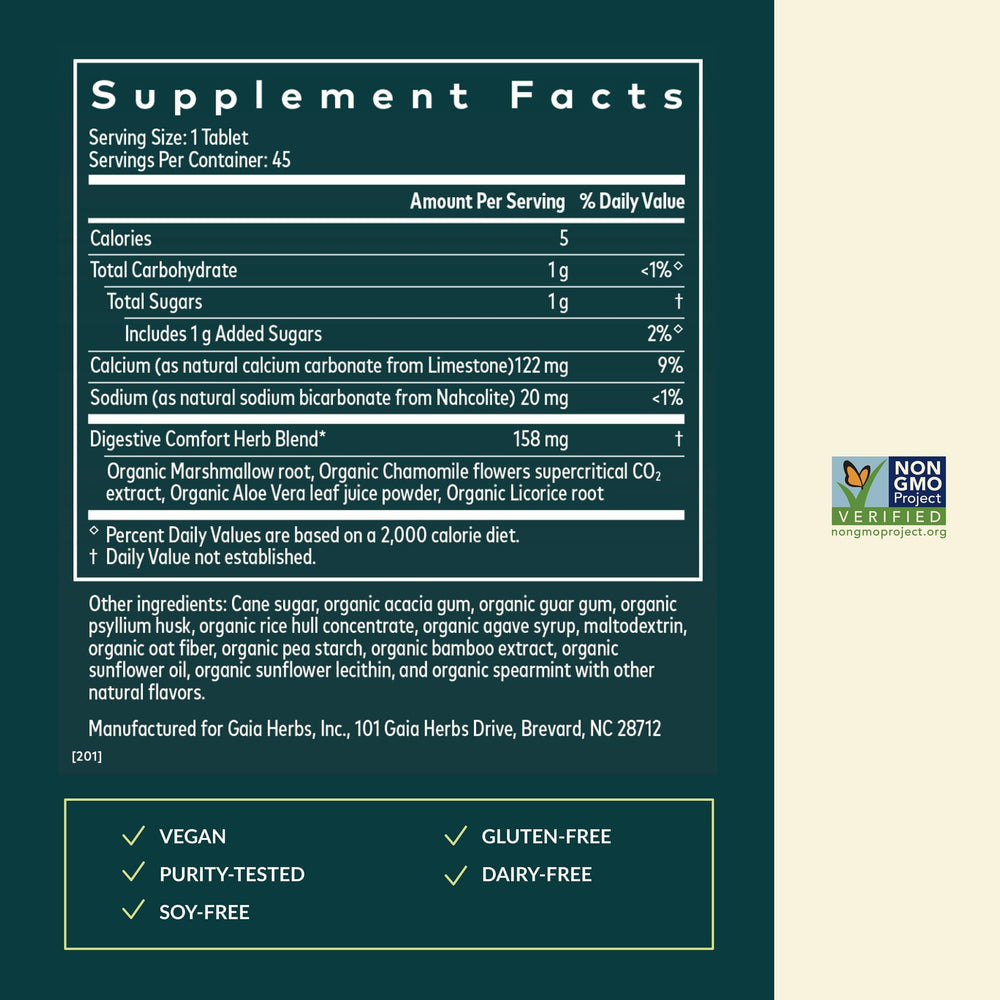 Gaia Herbs Reflux Relief ingredients blend featuring aloe, marshmallow, and chamomile.