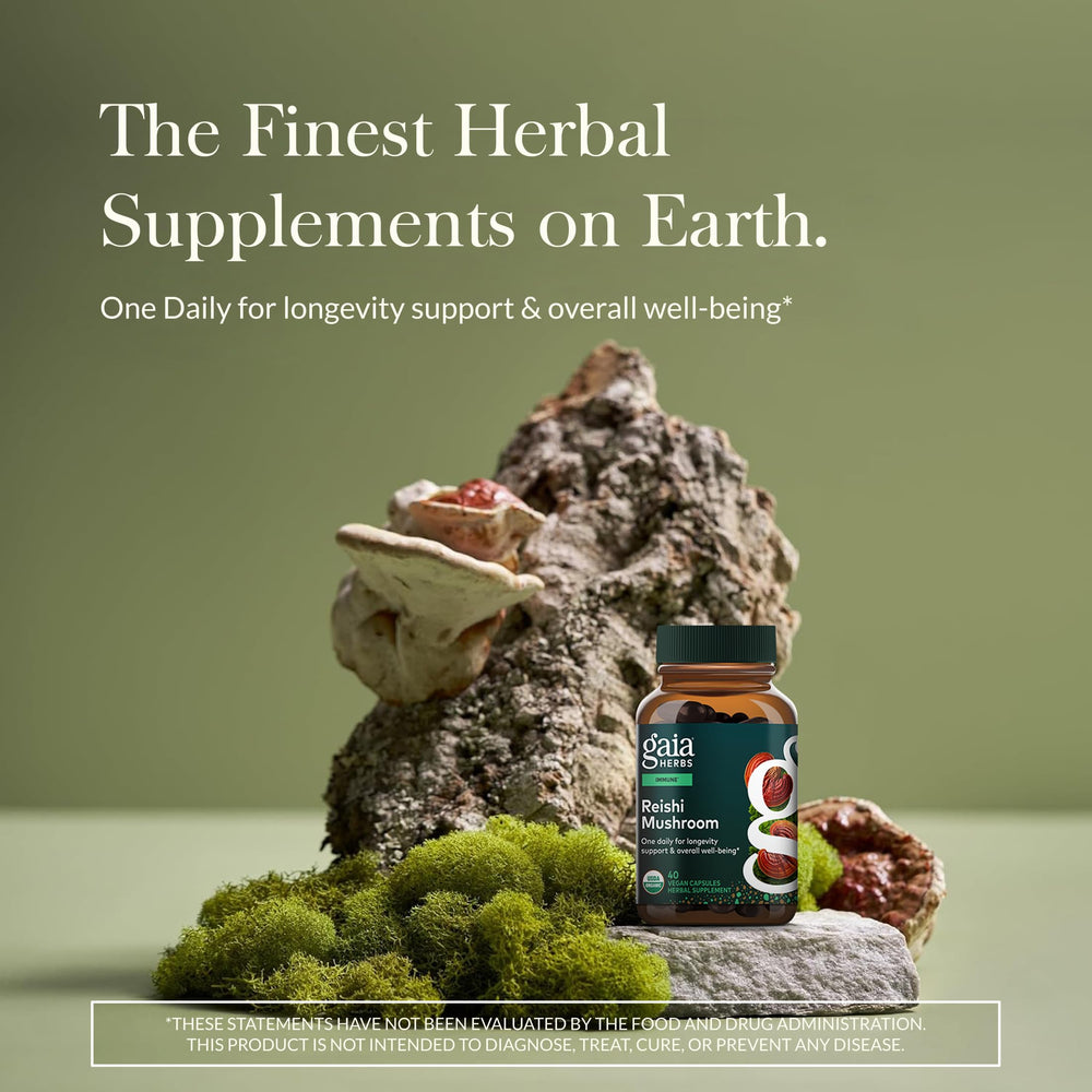 Gaia Herbs Reishi bottle back showing directions and ingredients