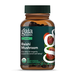 Gaia Herbs Reishi bottle front with branding and immune support potential