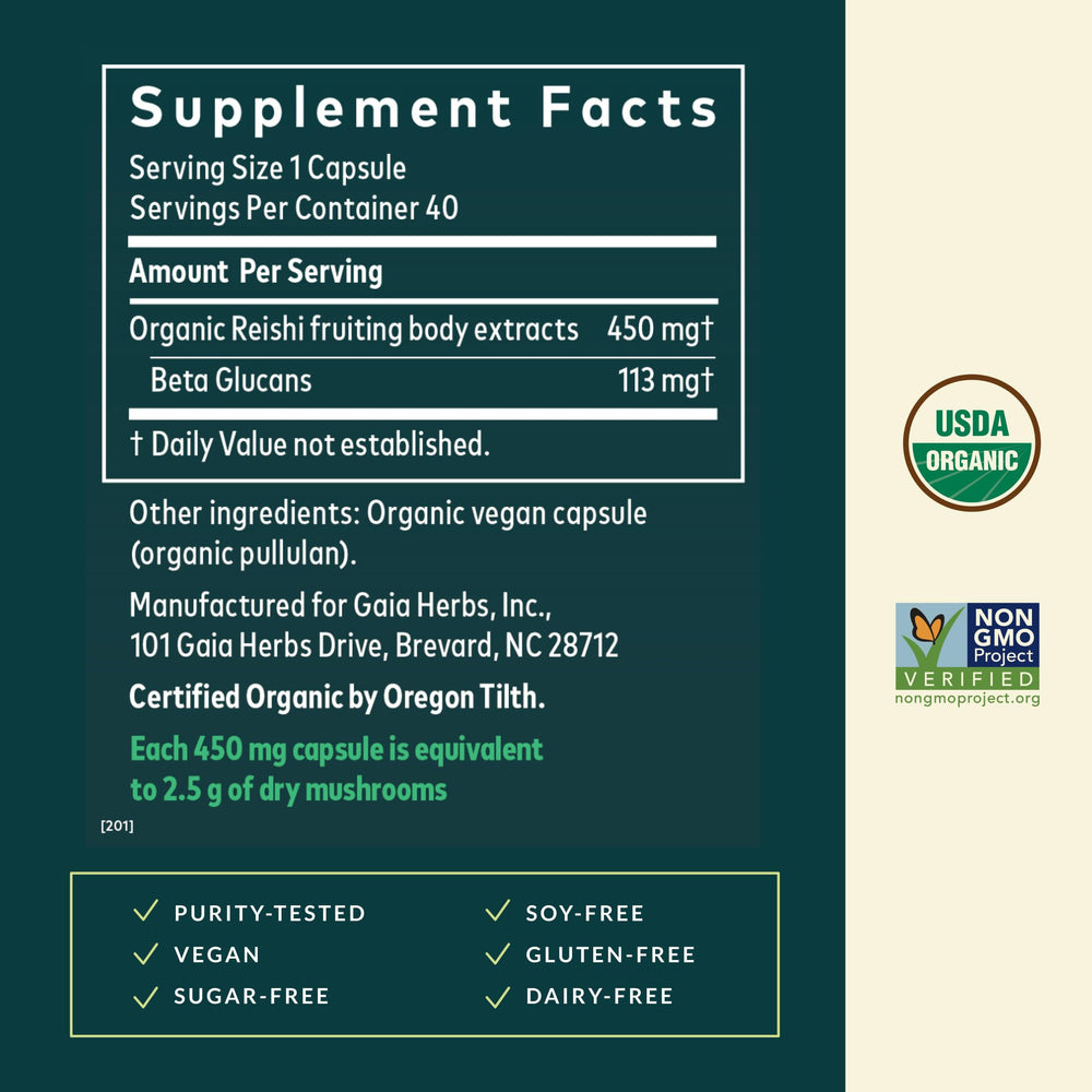 Gaia Herbs Reishi capsules close-up highlighting vegan daily wellness support