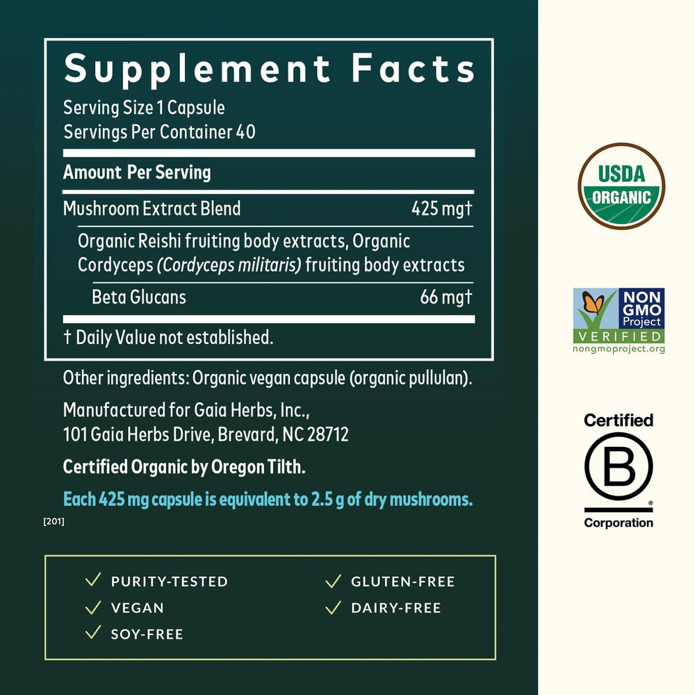 Gaia Herbs capsules display clean vegan capsules for daily immune-friendly support.
