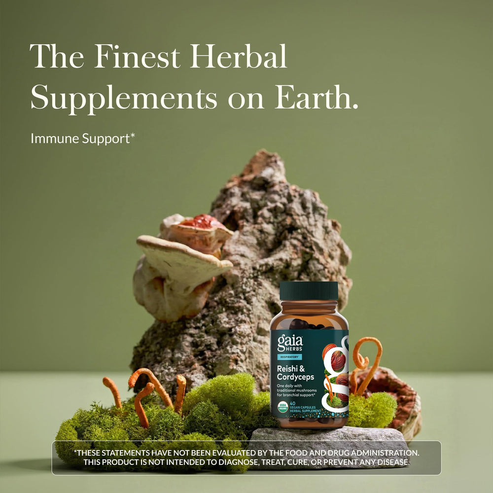 GaIa Herbs Respiratory Mushroom Blend ingredients reveal reishi and cordyceps extracts promoting respiratory wellness.