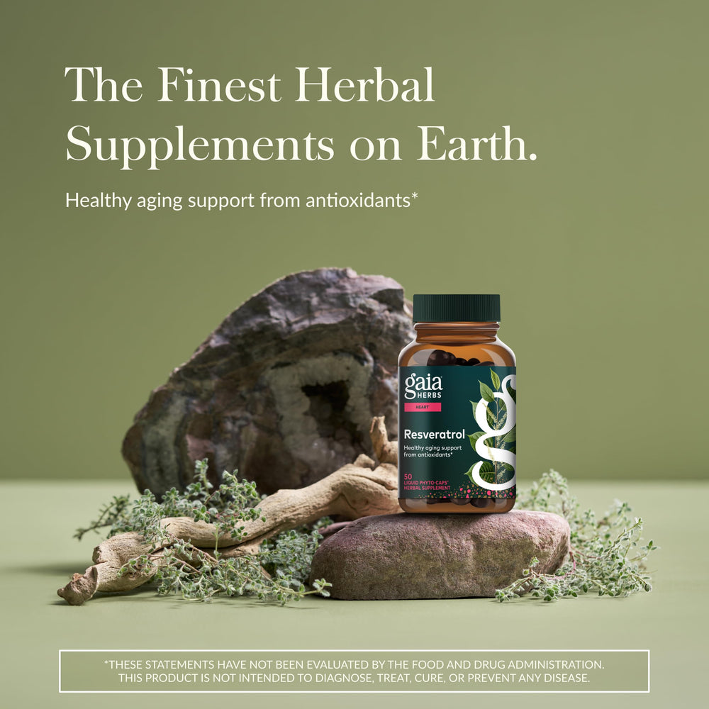 Gaia Herbs Resveratrol label close-up highlighting 150 mg trans-resveratrol.