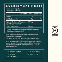Gaia Herbs Resveratrol liquid phytocapsules pack emphasizing antioxidant support.