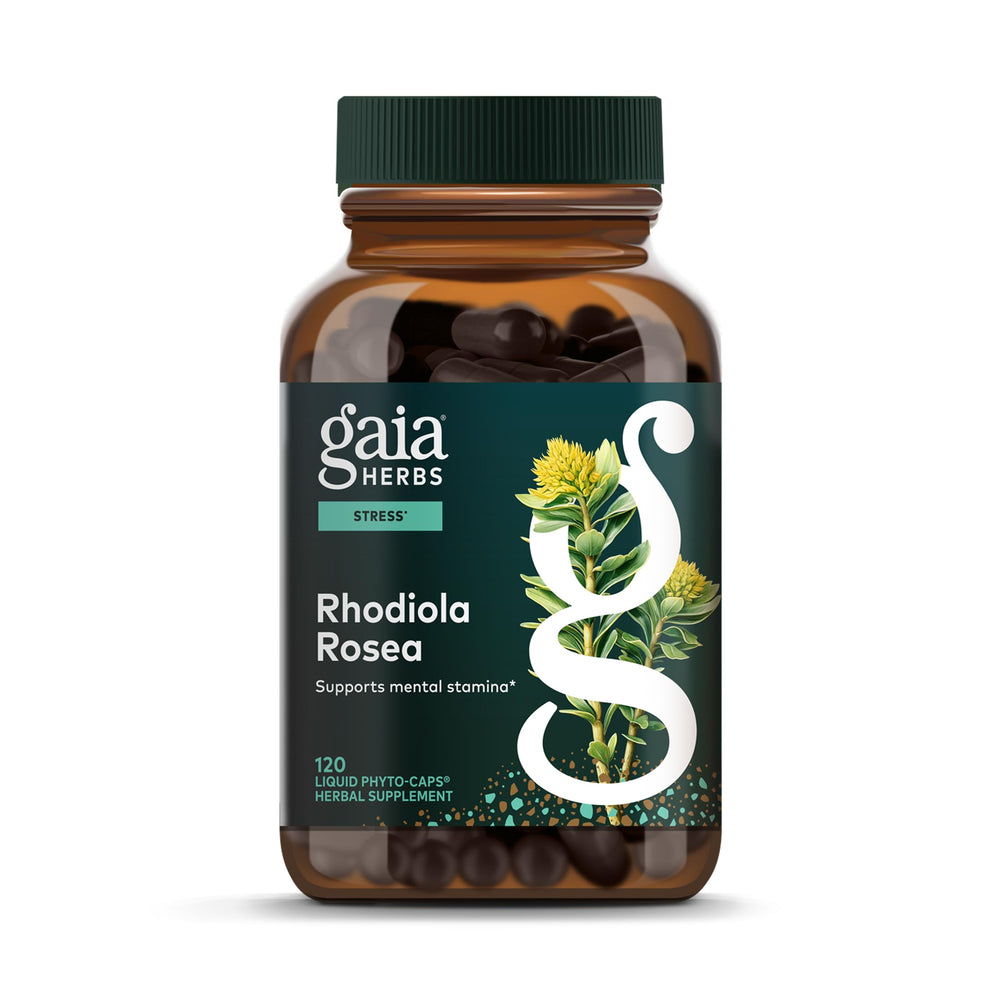 Gaia Herbs Rhodiola Rosea bottle front showing a daily stress support supplement