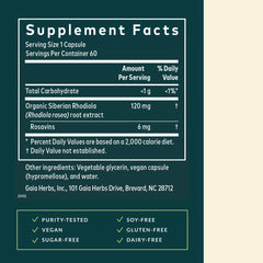 Close-up of Gaia Herbs Rhodiola Rosea capsules for daily use.