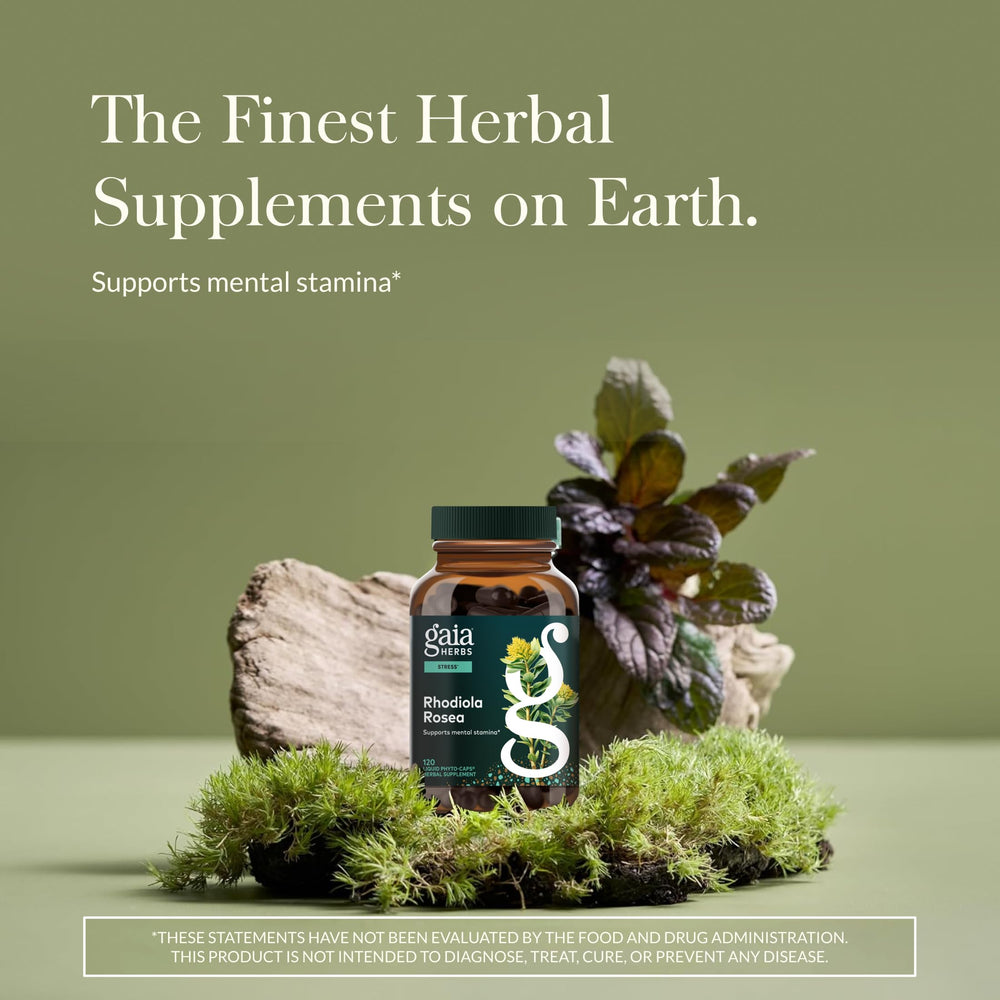 Gaia Herbs Rhodiola Rosea capsules in a row highlight convenient vegan phyto-caps