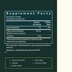 Gaia Herbs Rhodiola Rosea label close-up emphasizing Siberian rhodiola root extract