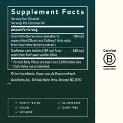 Close-up of Gaia Herbs Saw Palmetto capsules highlighting vegan liquid phyto-caps format