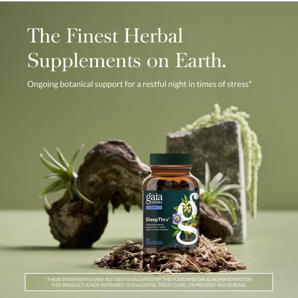 Gaia Herbs SleepThru bottle side highlighting vegan capsules and servings.