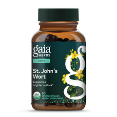 Gaia Herbs St. John's Wort bottle shown for stress support on a neutral surface