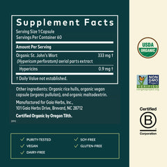 Close-up of the Gaia Herbs label highlighting 0.9 mg hypericins per serving