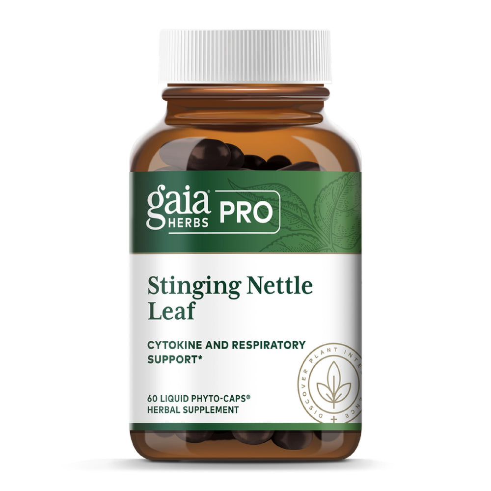 Gaia Herbs Stinging Nettle Leaf bottle highlights respiratory support potential