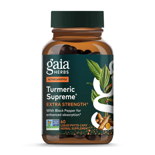 Gaia Herbs Turmeric Supreme Extra Strength bottle front with vegan capsules for daily wellness.
