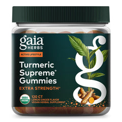 Gaia Herbs Turmeric Supreme Extra Strength bottle pour for on the go wellness