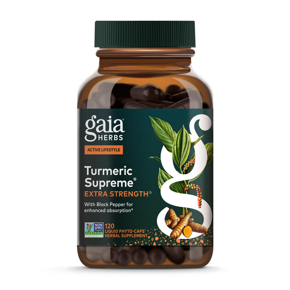 Gaia Herbs Turmeric Supreme Extra Strength bottle with vegan capsules for everyday mobility support