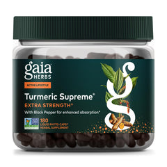 Gaia Herbs Turmeric Supreme Extra Strength bottle shows a potent turmeric blend for mobility support