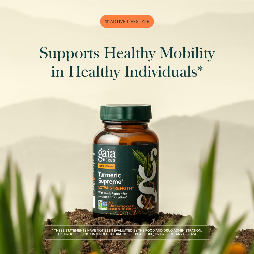 Gaia Herbs Turmeric Supreme capsules close-up highlighting vegan formula