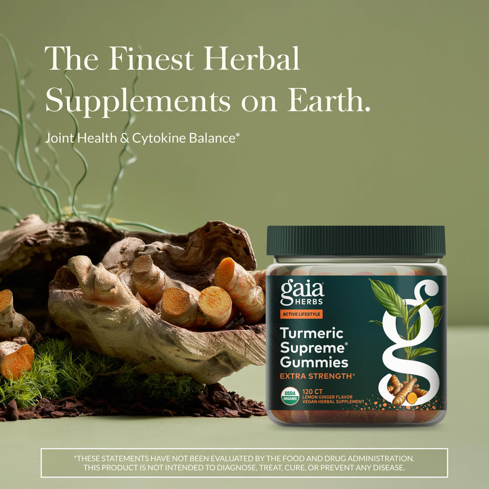 Gaia Herbs Turmeric Supreme gummies close up showing chewy texture