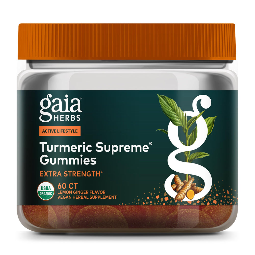 Gaia Herbs Turmeric Supreme Gummies extra-strength bottle with lemon-ginger flavor for daily activity support