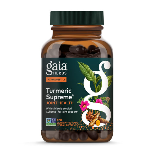 Gaia Herbs Turmeric Supreme Joint Health bottle for daily joint support and clean labeling.