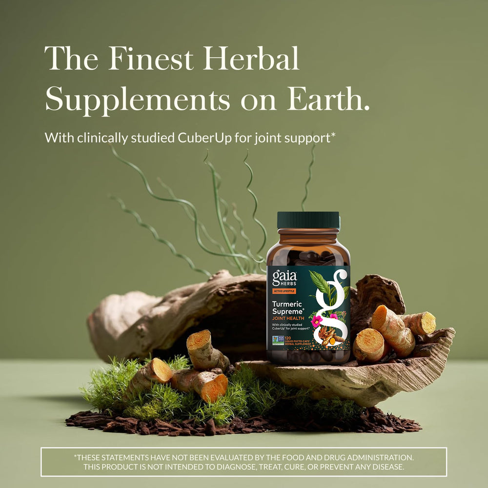 Ga ea Herbs Turmeric Supreme Joint Health capsules close-up for easy-to-swallow, daily use.
