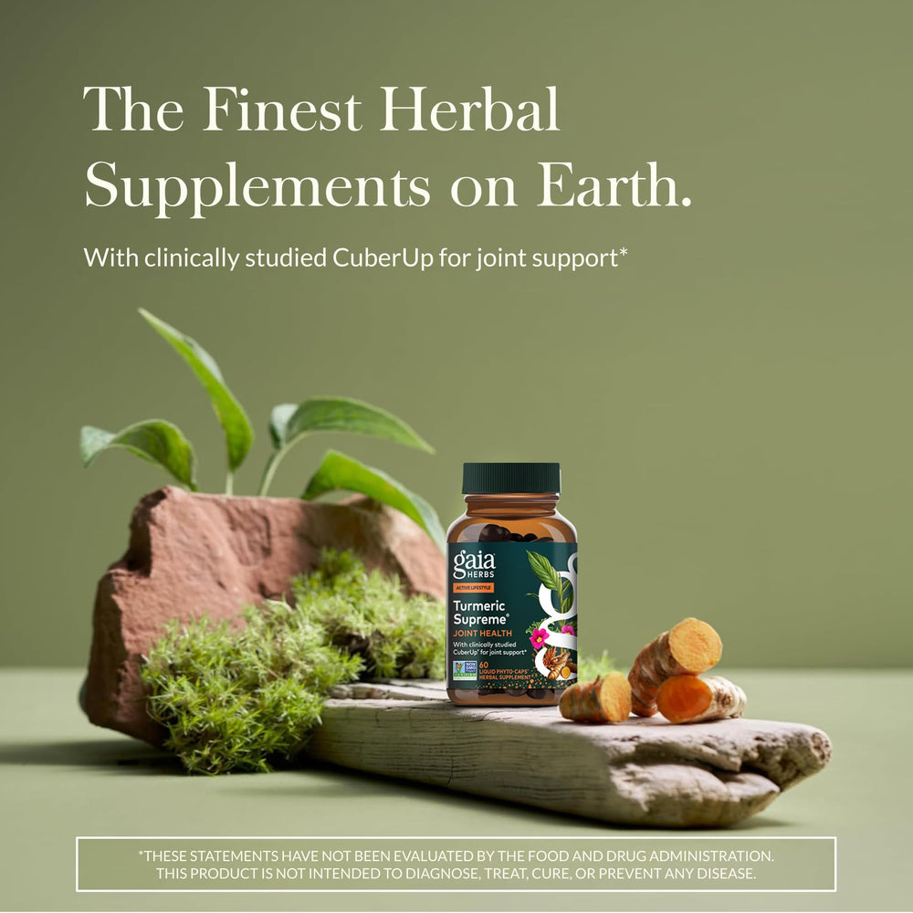 Gaia Herbs Turmeric Supreme joint health label close-up showing ingredients and purity.