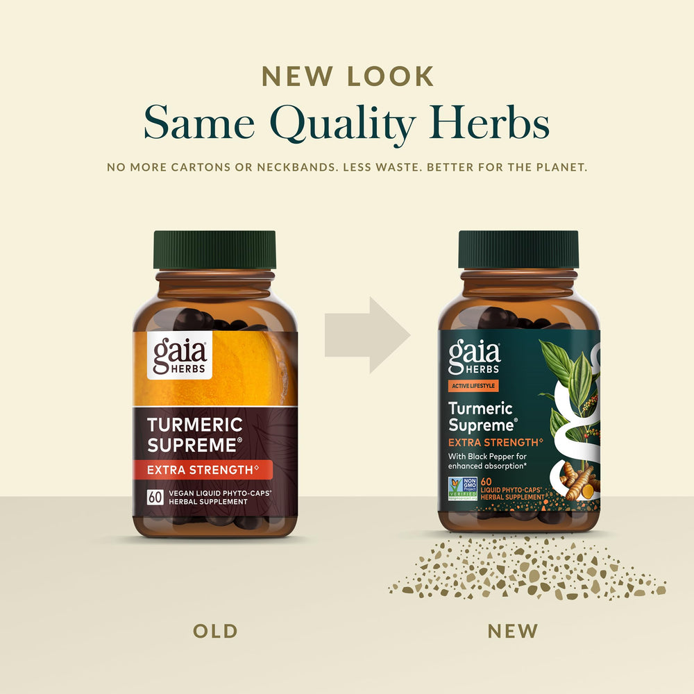 Gaia Herbs Turmeric Supreme blend of three turmeric root extracts in capsules.