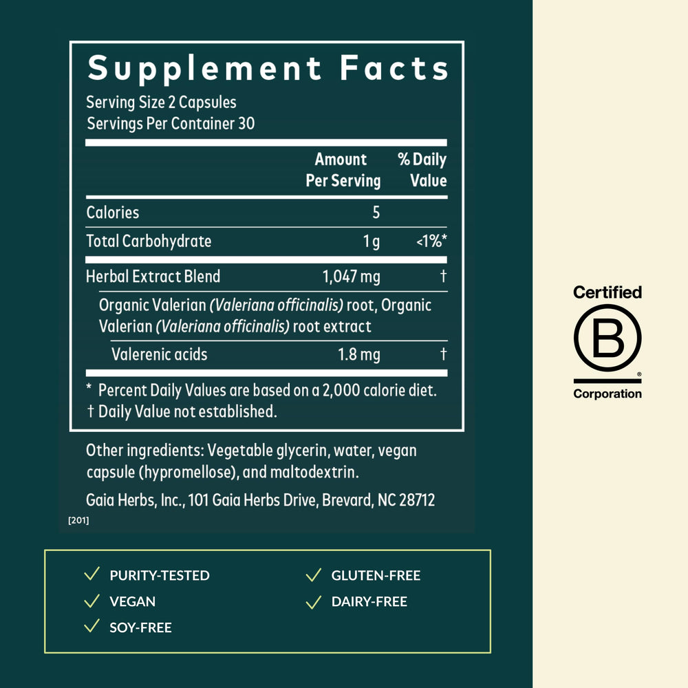 Gaia Herbs Valerian Root label front highlights traditional sleep support