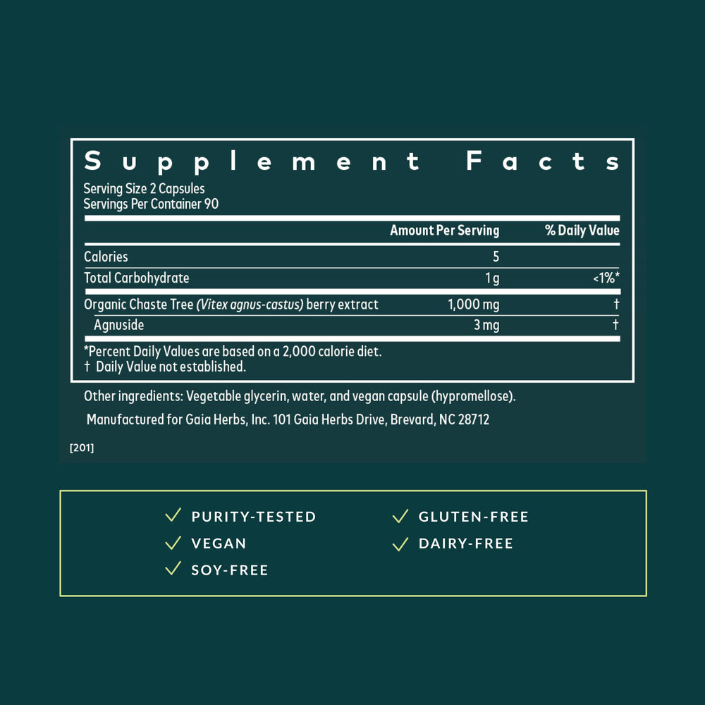 Gaia Herbs Vitex Berry capsules ready for daily hormone balance support.