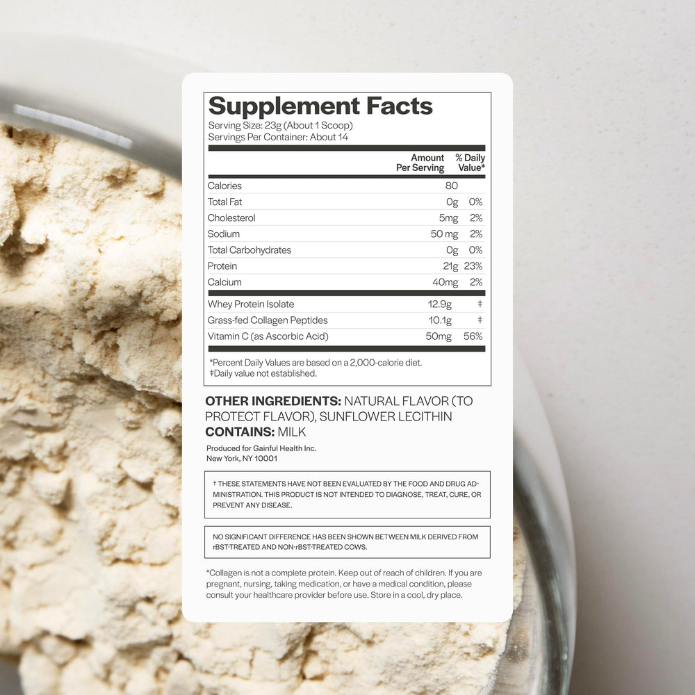 Gainful Collagen Whey Unflavored powder dispense shows easy mixing into drinks.