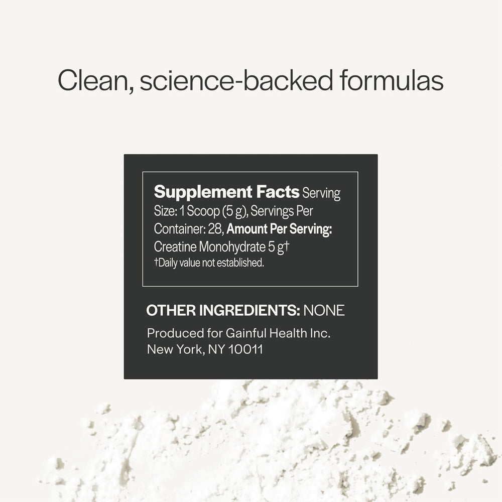 Gainful Creatine Powder ingredient label; transparent 5g monohydrate per serving