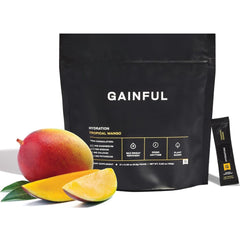 Gainful Hydration tropical mango packets in a 21-stick box ready for on-the-go hydration.