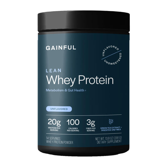 Gainful Lean Whey Protein tub front showing packaging for post-workout fueling