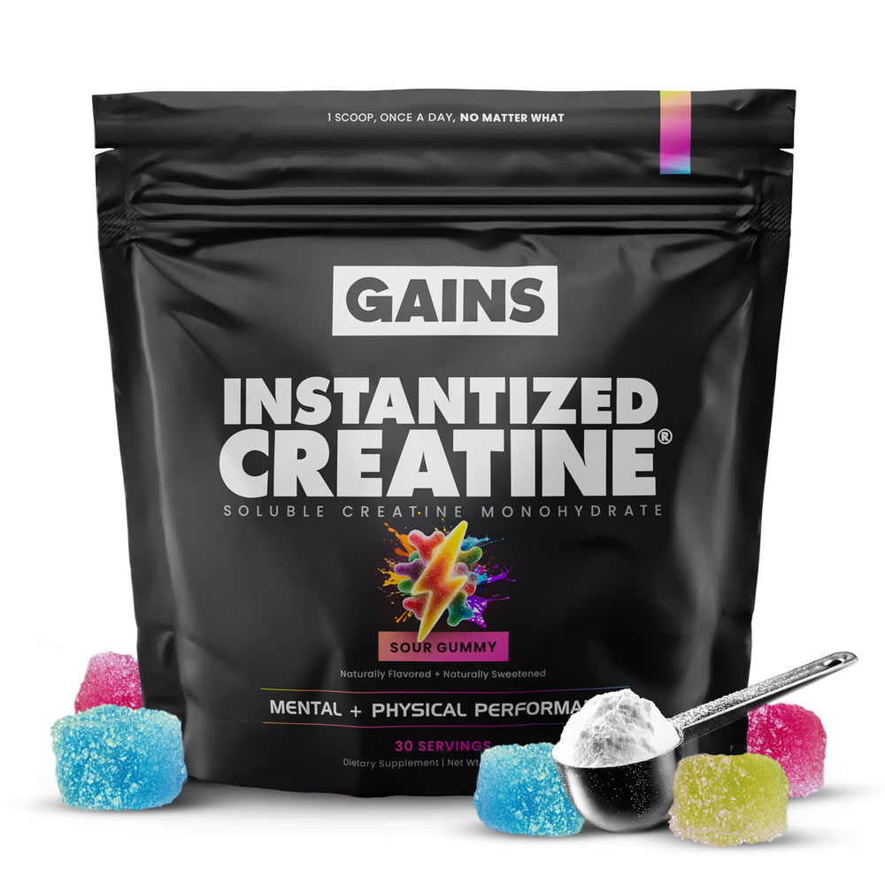 GAINS IN BULK instantized creatine powder jar showing complete solubility for smooth shakes.