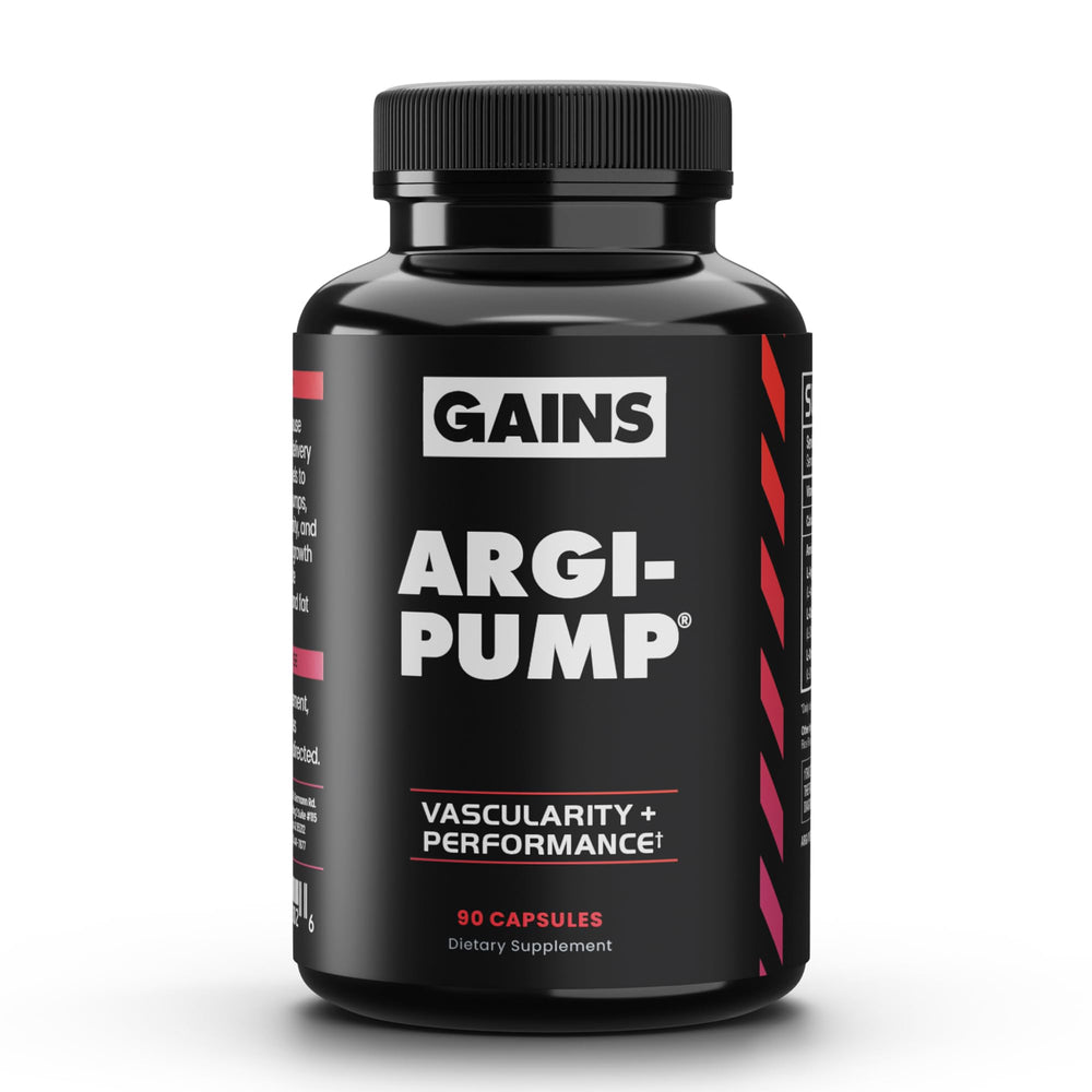 GAINS IN BULK Argi-Pump bottle front highlighting nitric oxide support for workouts.