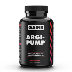 GAINS IN BULK Argi-Pump bottle front highlighting nitric oxide support for workouts.