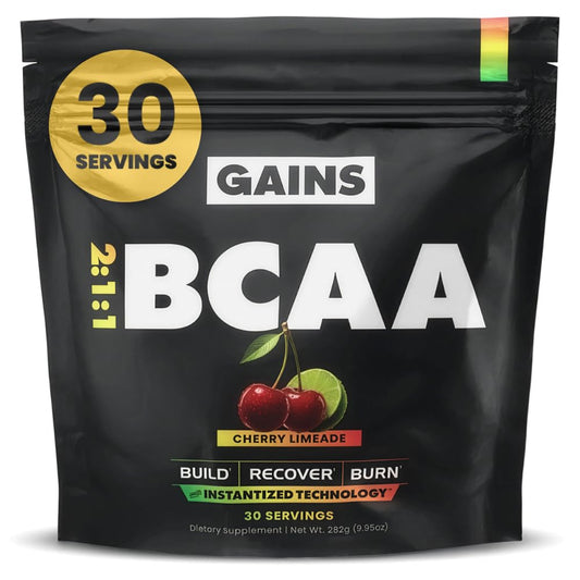 Gains in Bulk BCAAs tub front with cherry limeade flavor for convenient use
