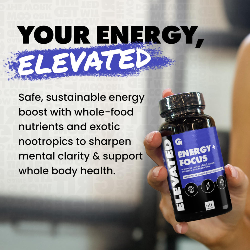 Gains in Bulk Elevated Nootropic capsules closeup highlights vegan energy capsules.