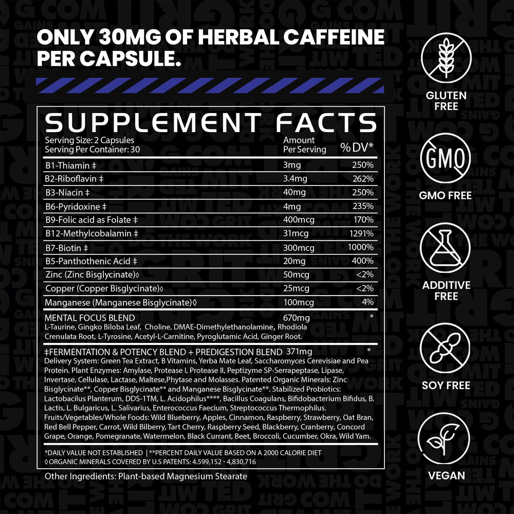 Gains in Bulk Elevated Nootropic packaging highlights plant enzymes aiding digestion.