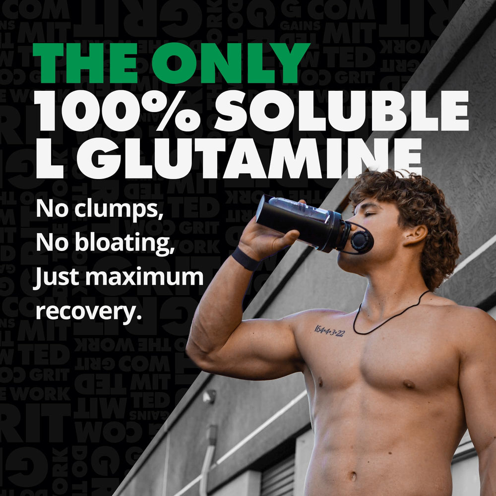 GAINS IN BULK L-Glutamine powder scoop demonstrates a 5 g serving for easy dosing